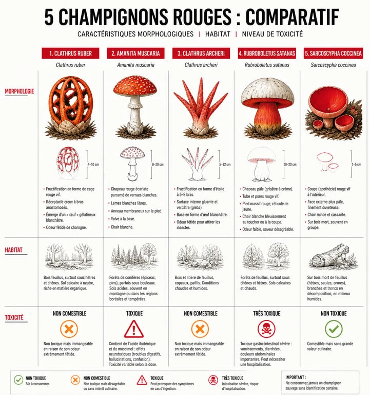 Infographie comparative des principaux champignons rouges : identification, toxicité et habitat