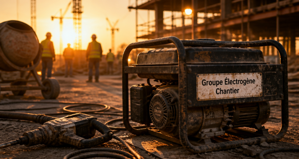 groupe electrogene chantier sur chantier au lever du soleil