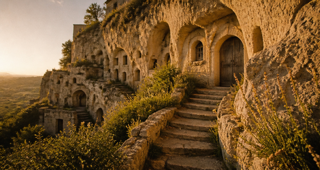 habitat troglodytique façades creusées dans la roche au soleil