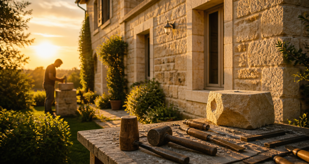 Maison pierre de taille au jardin ensoleillé