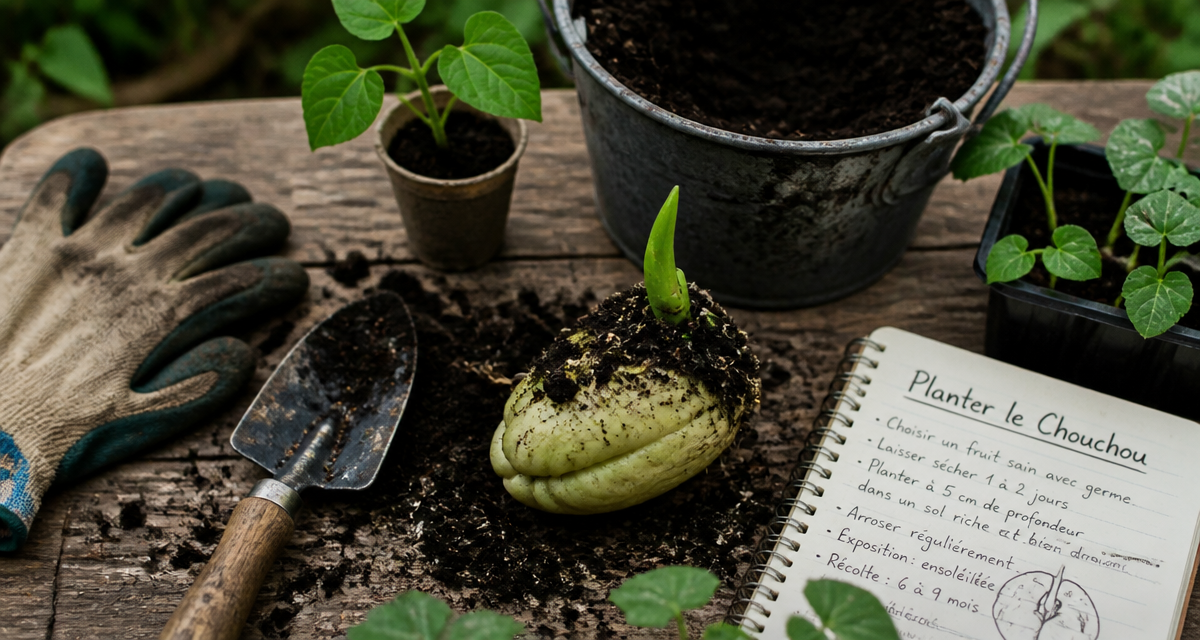 Planter chouchou avec outils et pousses