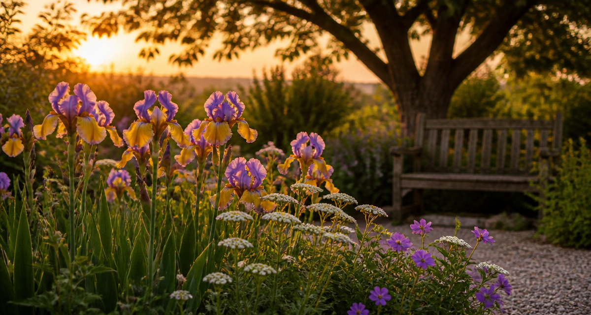 Que mettre au pied des iris massif fleuri géraniums achillées