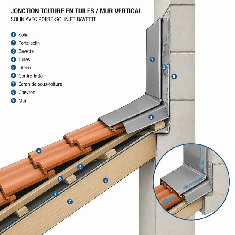 Schéma technique de l'étanchéité d'un toit contre un mur avec solin