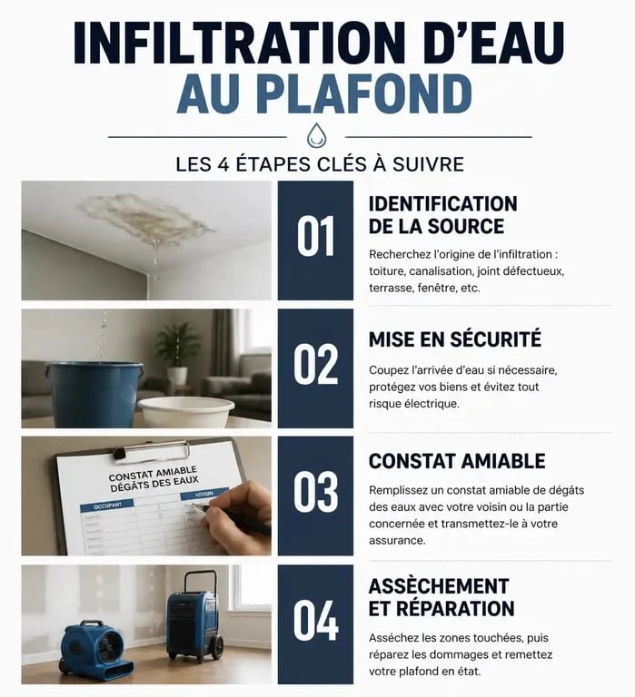 Infographie des étapes à suivre en cas d'infiltration d'eau au plafond
