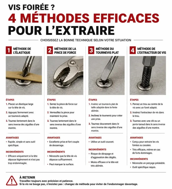 Infographie des méthodes pour réparer un pas de vis foiré