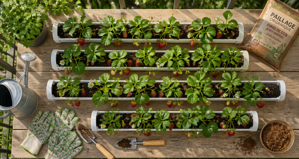 fraisier dans gouttière sur balcon