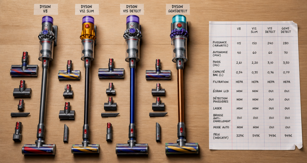 meilleur aspirateur balai dyson v8 v12 v15 gen5detect accessoires tableau