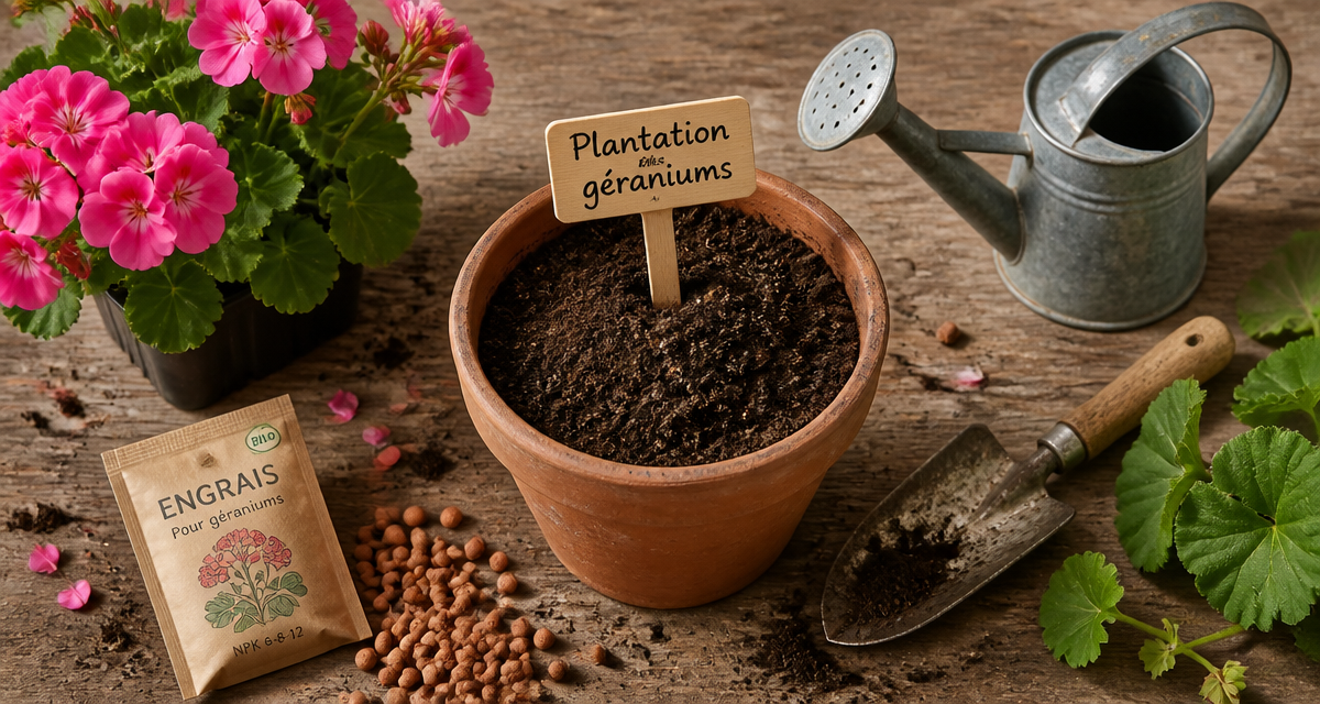 quand planter geranium flat lay outils et pot