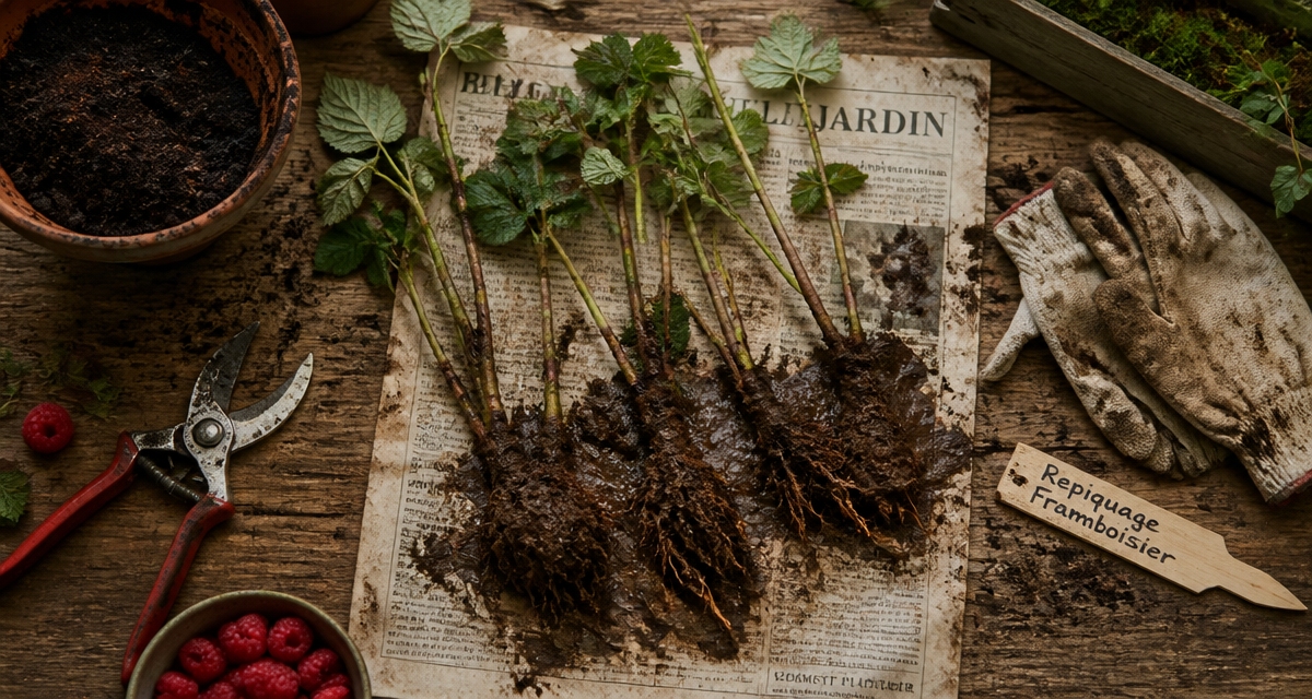 Quand repiquer des framboisiers, plants et outils de jardinage