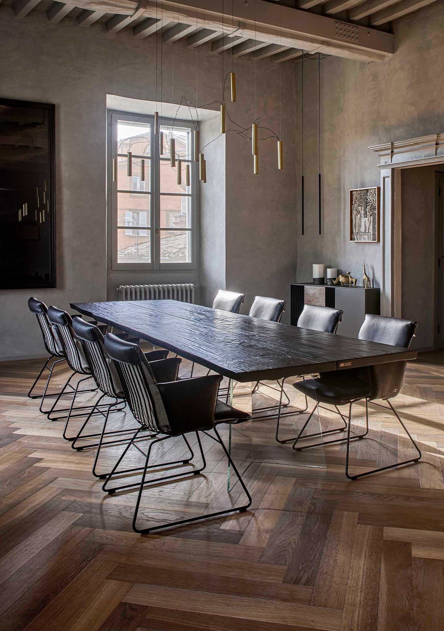 Arte Brotto: Vero Table - V Glass Base, Rovere Onda Nero Custom Top