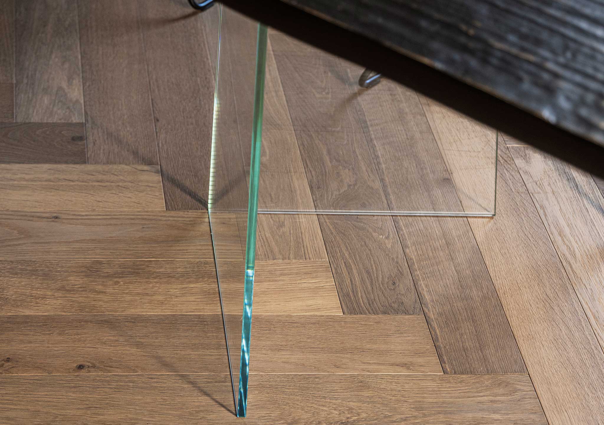 Arte Brotto: Vero Table - V Glass Base, Rovere Onda Nero Custom Top