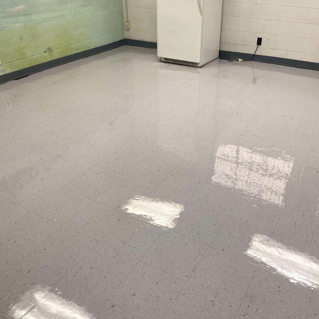 DPM Surface Care Resilient Flooring A tiled resilient flooring, cleaned and shiny after cleaning and coating. DPM Surface Care