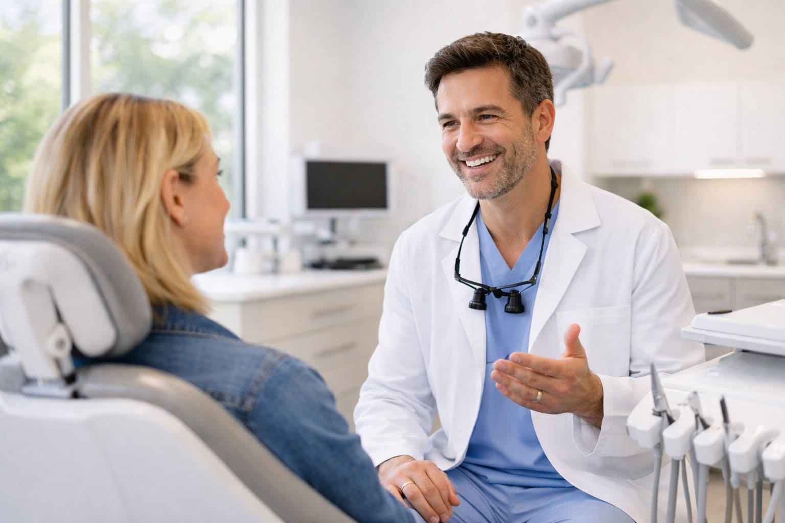 Dentist near Milton MA speaking with patient in modern dental office