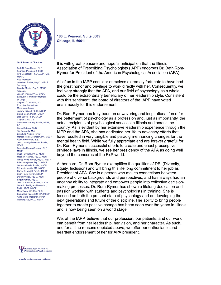 IAPP Endorsement for Dr. Beth Rom-Rymer for APA President2 022