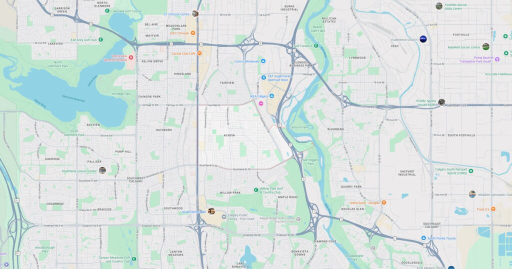 Map of downtown city area with river, highways, and streets.