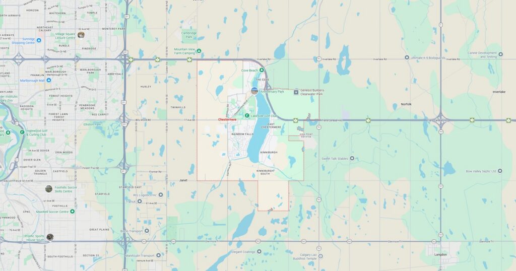 Lake in a suburban area with roads and green spaces, map view.
