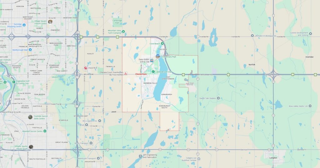 Lake in Minnesota with surrounding roads and green areas.