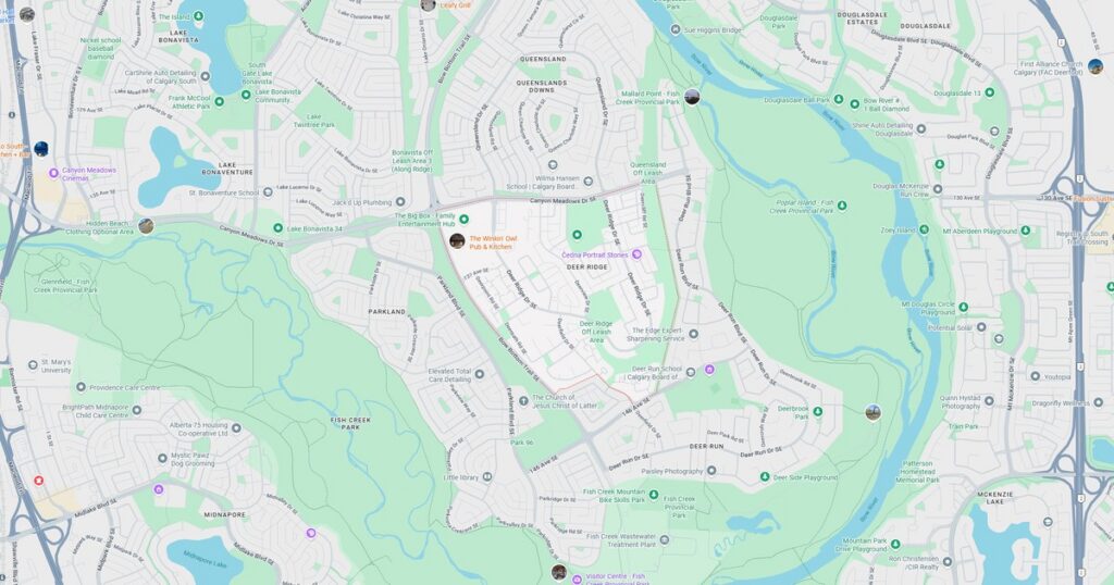 Detailed map showing streets, parks, and natural features in a suburban area.
