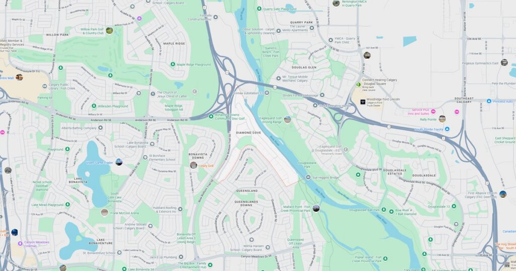 Map of city parks, lakes, and bridges in an urban area.