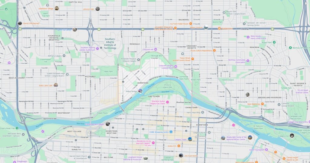 Map of downtown city area showing river, roads, and landmarks.