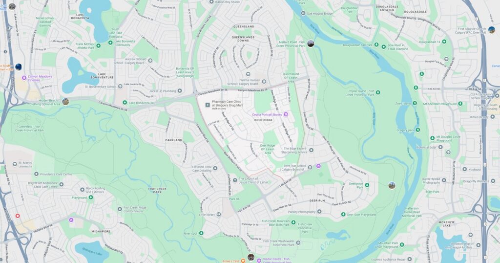 Detailed map showing streets, parks, and water bodies in a residential area.