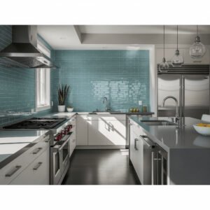 Modern kitchen interior with sleek appliances, blue subway tile backsplash, and white cabinetry