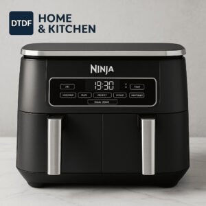 Branded DTDF image of a Ninja-style dual zone air fryer with two baskets and digital controls