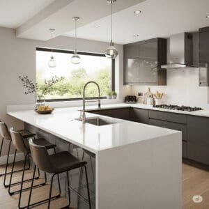 Modern Pennisula-shaped kitchen with sleek white cabinetry, stainless steel appliances, and a compact island