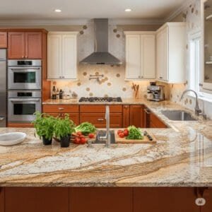 Modern U-shaped kitchen with sleek white cabinetry, stainless steel appliances, and a compact island