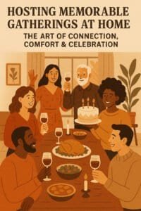 Hosting Memorable Gatherings at Home: The Art of Connection, Comfort & Celebration A warm, illustrated scene of six diverse adults gathered around a cozy dining table, celebrating with wine, food, and a birthday cake in a home setting.