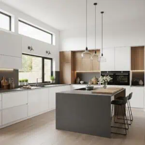 Modern Kitchen Mastery: Your Complete Guide to Functional Design & Renovation Modern open-plan kitchen with white gloss cabinets, wood accents, large island, and pendant lighting