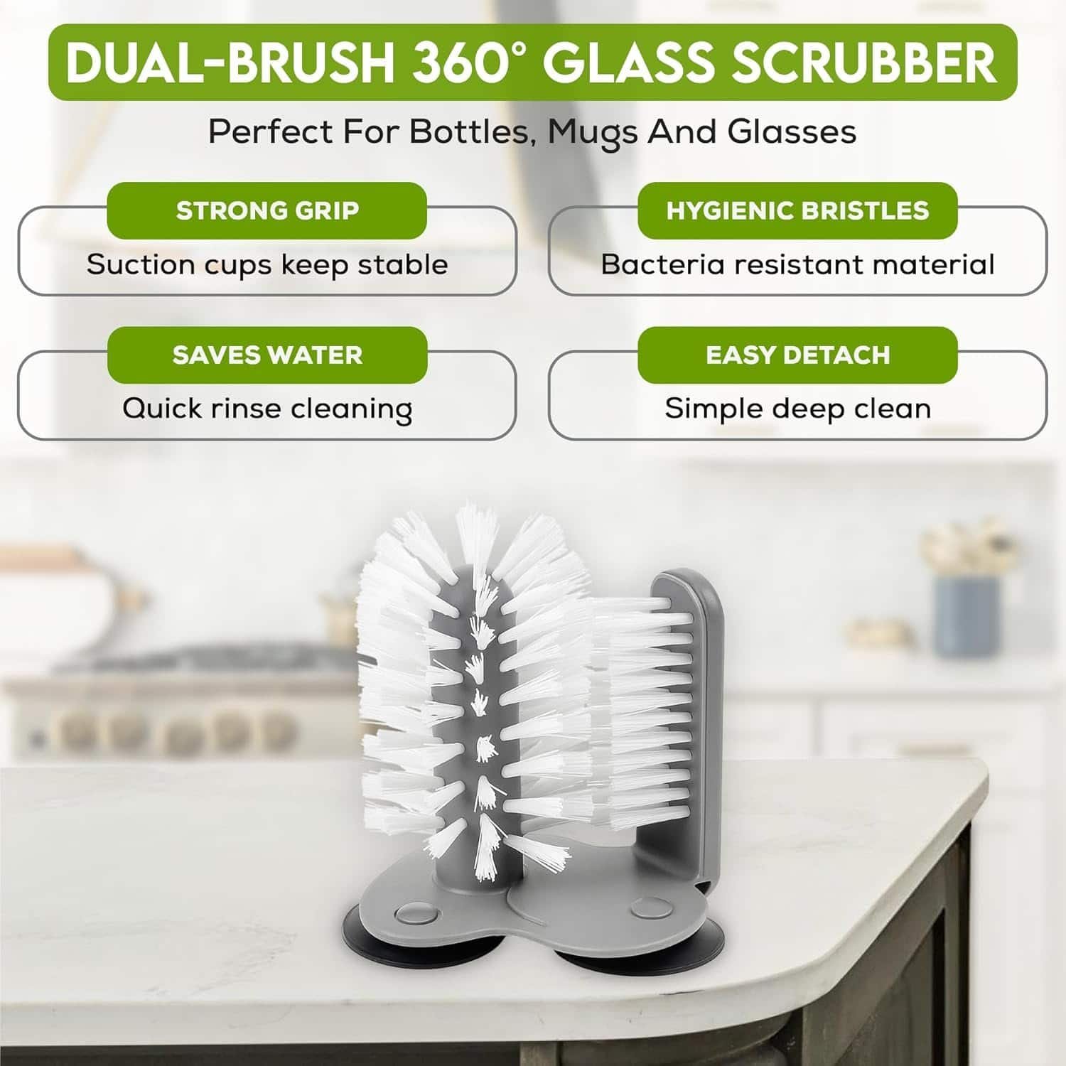 DTDF-Glass Cup Brush Cleaner with 3 Suction base, Double Sided Bristle Brush Glass Washer for Water Bottle Cleaning