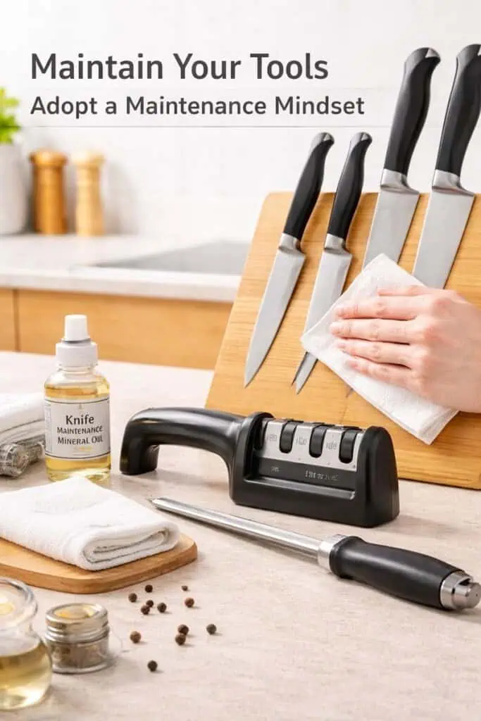 Kitchen counter with knives, a manual knife sharpener, and safety glove arranged for regular maintenance