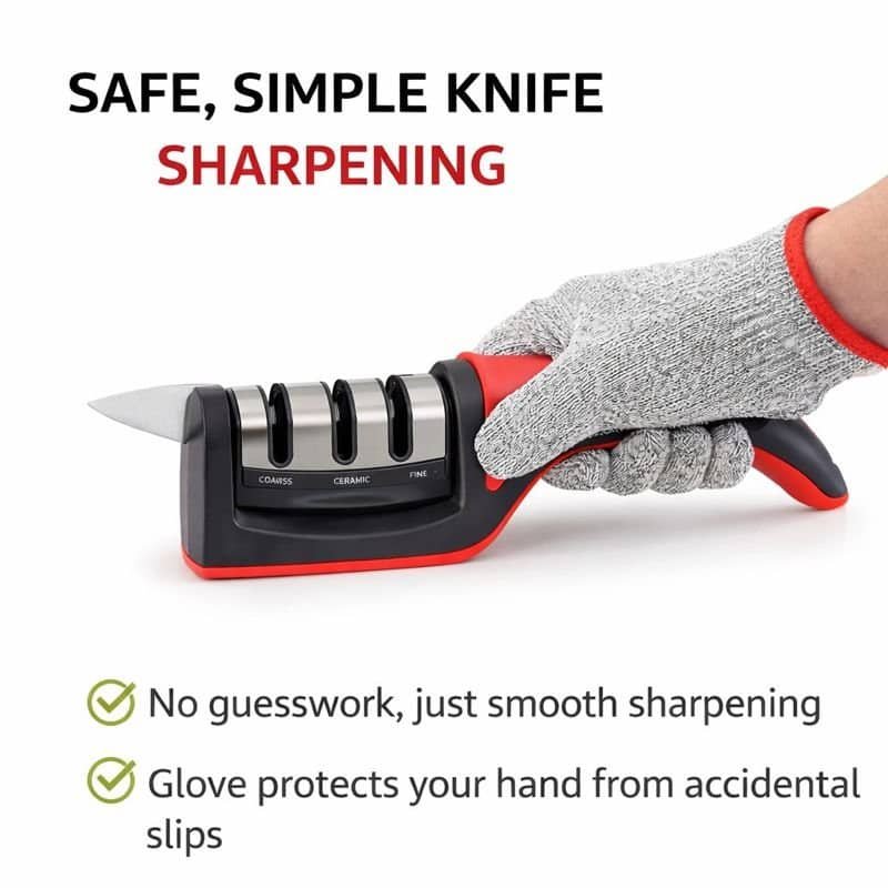 DTDF 3 stage knife sharpener with 1 cut resistant glove red and black1