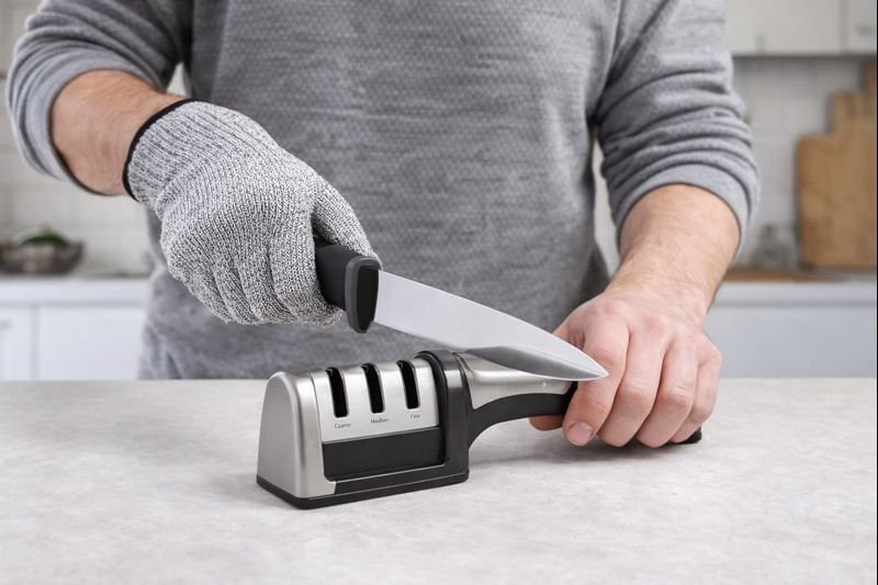 Person sharpening a kitchen knife safely using a 3-stage manual knife sharpener with a cut-resistant glove on a clean countertop