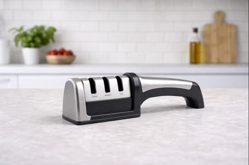 3-Stage Manual Knife Sharpener on a Stable Kitchen Countertop