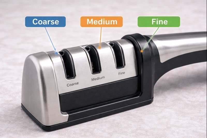 Close-up of a 3-stage manual knife sharpener showing coarse, medium, and fine sharpening slots labeled for controlled knife sharpening