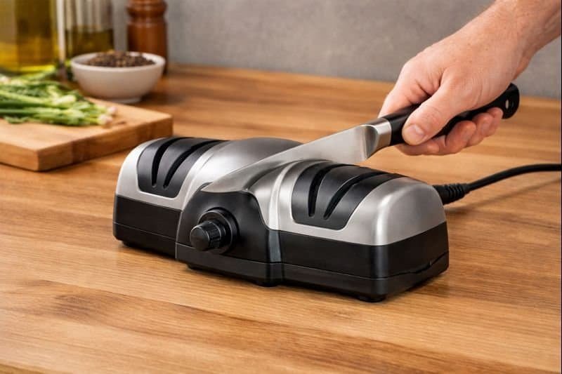 electric knife sharpener sharpening a kitchen knife on a wooden counter