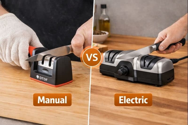 anual and electric knife sharpeners shown side by side for home kitchen comparison