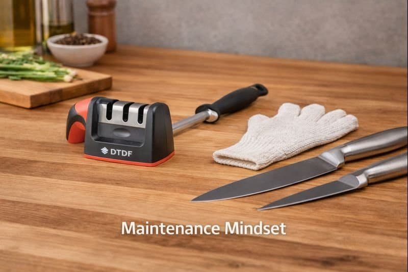 kitchen knife maintenance tools including sharpener, honing rod, glove and knives arranged on countertop