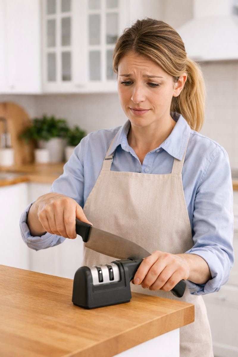 Home cook calmly sharpening a kitchen knife using a guided manual sharpener in a bright home kitchen