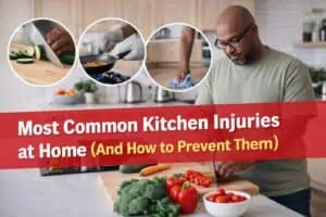 Most Common Kitchen Injuries Home cook practicing safe kitchen habits with sharp knife and clean organized workspaceAwareness