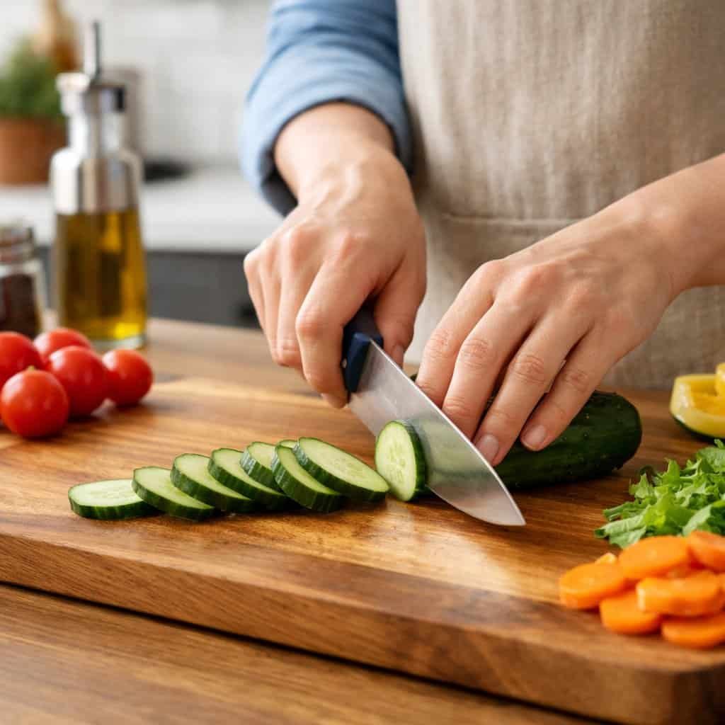 simple kitchen safety habits safe knife use slicing vegetables