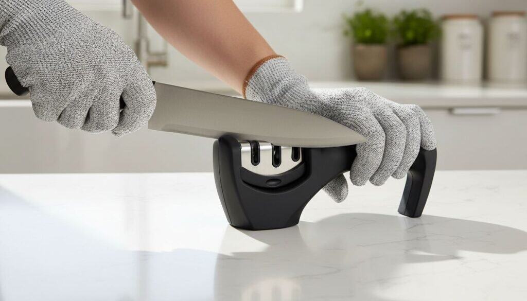 Person using best knife sharpener for home kitchens safely with cut resistant glove on modern kitchen countertop