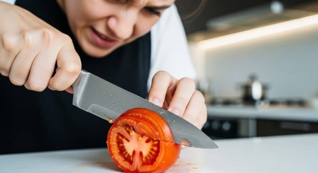 Dull kitchen knife struggling to cut tomato on wooden cutting board showing danger of blunt knives and need for best knife sharpener for home kitchens