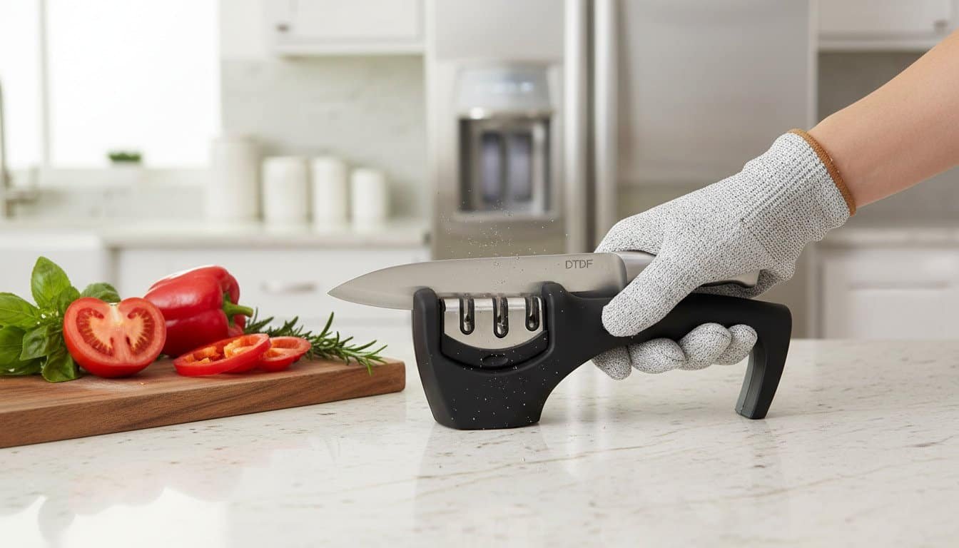 Best knife sharpener for home kitchens – DTDF manual knife sharpener sharpening a kitchen knife safely on a modern countertop