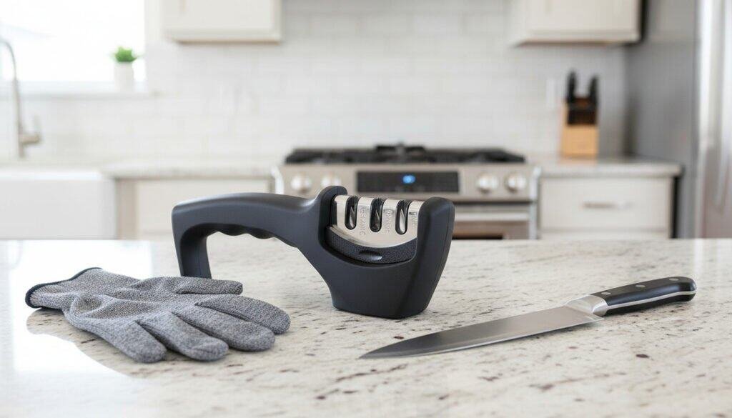 Cut resistant glove next to best knife sharpener for home kitchens on modern kitchen counter with kitchen knife
