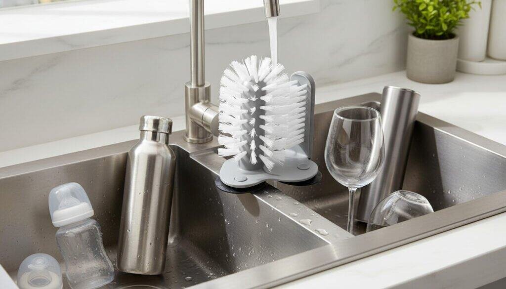 Glass cup brush cleaner in a kitchen sink being used to clean multiple items including glasses, bottles, and cups at the same time.