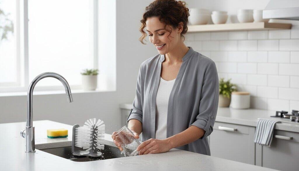 Smiling woman using a glass cup brush cleaner with suction base in a kitchen sink to easily clean a glass with water droplets visible.