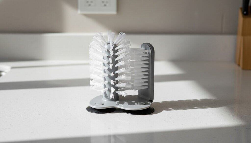 kitchen gadget cleaner with suction base placed on a clean kitchen counter in a modern kitchen setting.